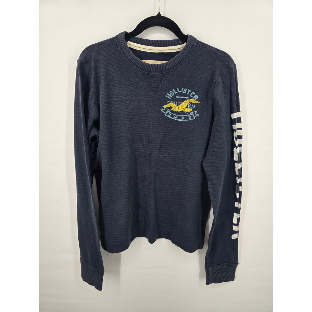 Hollister Mens Long Sleeve Thermal Shirt Navy Blue Waffle Knit Logo Graphic M